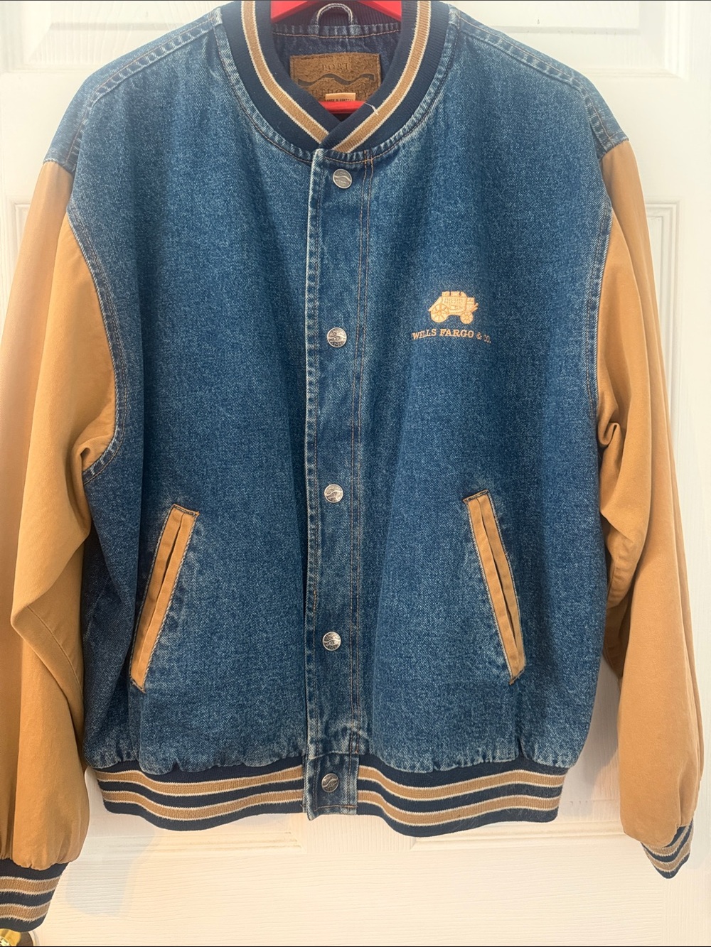 Port Authority Denim Blue and Tan Varsity Wells Fargo Bomber Jacket